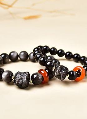 天然银曜石国潮醒狮手串男银曜石