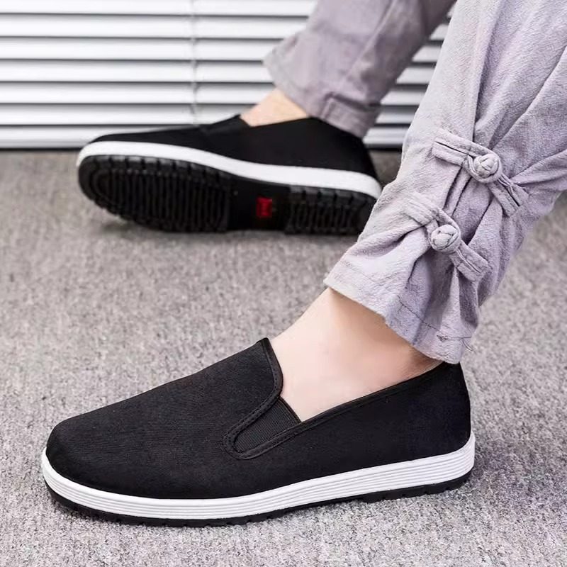 老北京布鞋男款春夏季透气帆布鞋一脚蹬加厚轮胎底工作黑布鞋男