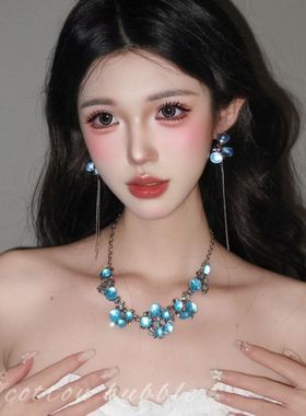 蓝色闪钻花朵项链耳环套装女2025新款轻奢小众高级重工锁骨链配饰