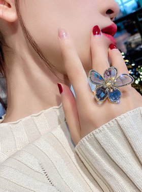 水晶花瓣夸张食指戒指女日系气质网红潮时尚个性开口指环装饰戒子
