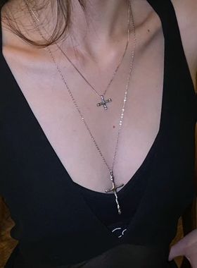 十字架镀银复古美式叠戴新款项链ins小众设计七夕