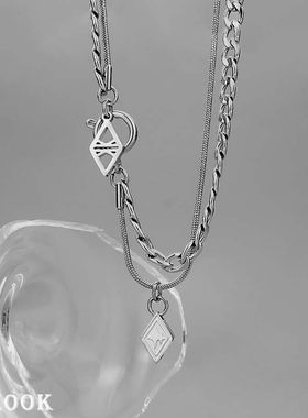 KEEOOK原创双层菱形坠饰男女生款项链嘻哈叠戴小众设计情侣锁骨链