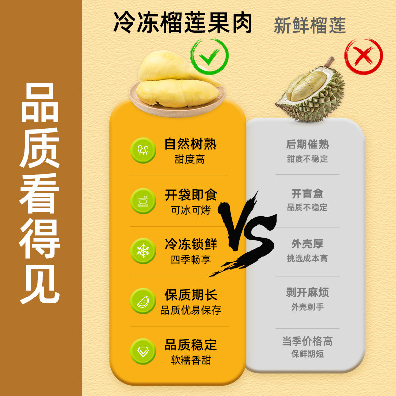 泰国金枕榴莲A级新鲜冷冻果肉树熟有核袋装去壳进口1KG纯榴莲果肉