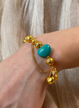 新中式金色串珠绿松屁桃双层手链复古高级感爱心锁包蹦迪珠手饰品