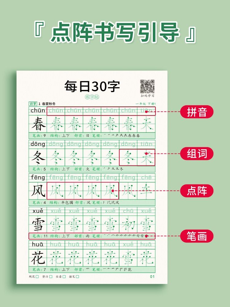 一年级二年级三减压同步字帖每日30字四五六年级上下册人教版语文同步生字笔画笔顺点阵控笔训练字帖小学生钢笔描红硬笔书法练字本 - 图1