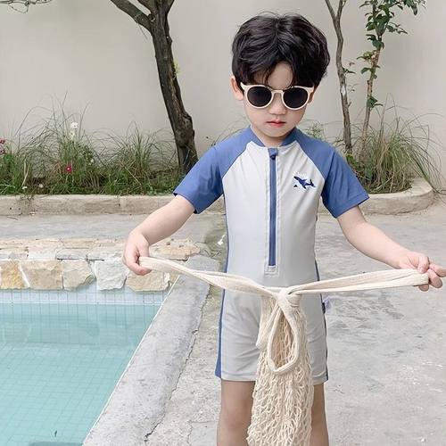 韩国ins儿童连体泳衣男童夏季速干防晒可爱鲨鱼套装海边沙滩衣服 - 图3