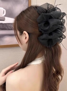 云朵泡泡网纱抓夹女2025新款高级感大号羽毛鲨鱼夹子头饰发夹头花