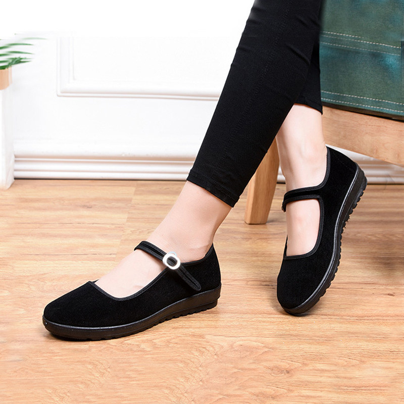 老北京布鞋女一脚蹬酒店工作鞋黑色一脚蹬一字带礼仪妈妈广场舞鞋