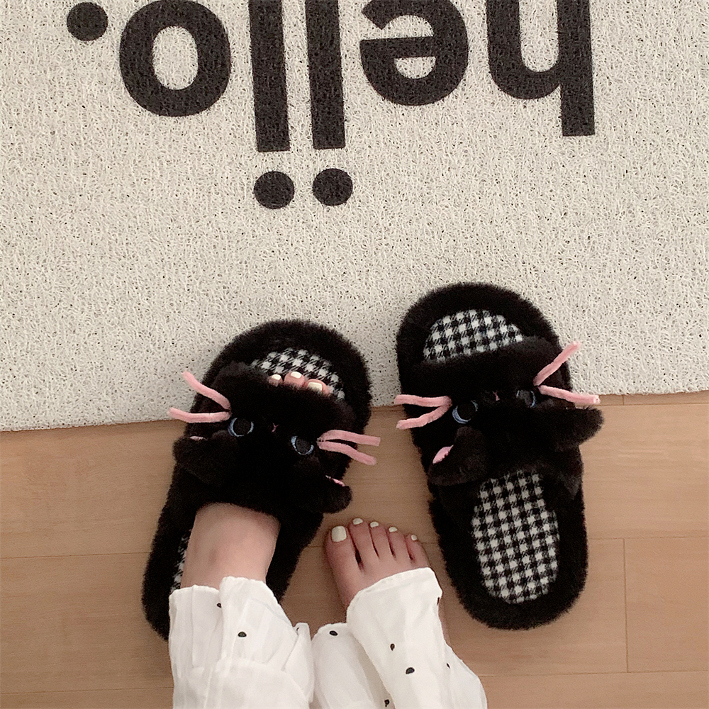 细细条 个性小黑猫卧室居家室内防滑趣味棉拖鞋女士秋冬毛毛拖鞋 - 图3