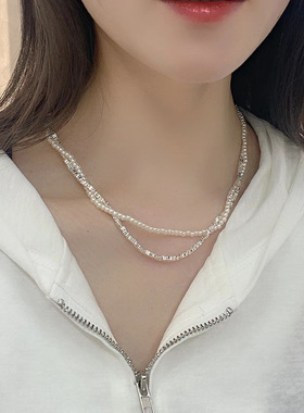 严选爆款 项链货源碎银子珍珠双层项链时尚网红新款百搭锁骨批发