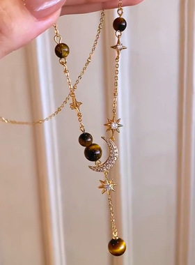 琥珀流光秋冬美拉德星月虎眼石毛衣链小众设计轻奢复古风流苏颈链
