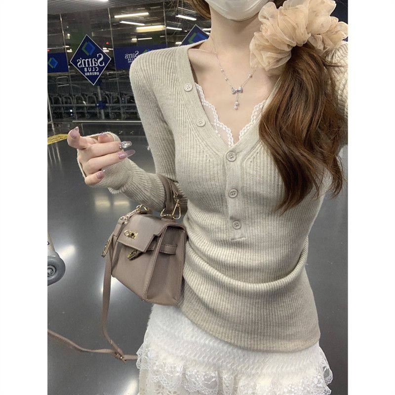 甜辣风深V针织上衣女秋冬纽扣半开领毛衣打底大码内搭开衫,淘宝优惠券,粉丝福利购,淘宝优惠卷