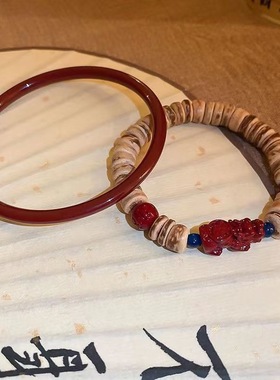 新中式椰壳朱砂串珠手镯套装ins小众设计感复古气质百搭古风手饰