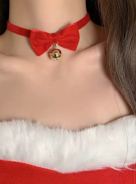 少女圣诞新年毛绒项链甜美红色丝绒蝴蝶结铃铛choker项圈锁骨链