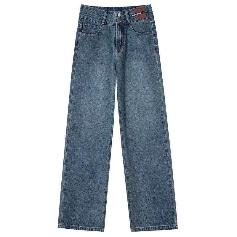 大码复古蓝直筒牛仔裤女宽松阔腿高腰双扣收腹窄版垂感梨型长裤子,淘宝优惠券,粉丝福利购,淘宝优惠卷