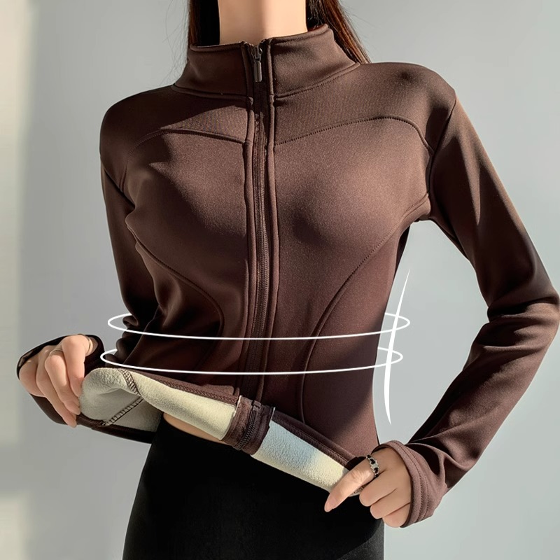 瑜伽外套女秋冬季加绒保暖运动上衣骑行服立领跑步防风小蛮腰时尚 - 图1