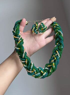 波西米亚风多层玻璃米珠项链女士民族风复古个性法式首饰海滩度假
