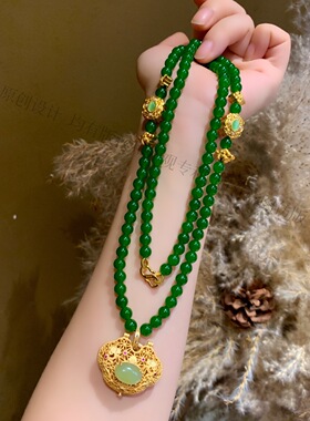 新款天然绿珠套链可拆卸毛衣链项链多圈手串沙金925如意吊坠绿色