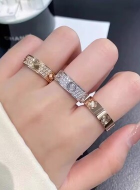 高本版情侣戒指男女厚镀18K玫瑰金满天星指环素圈钉子轻奢对戒