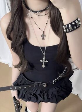 y2k千禧轻亚风多层十字架项链甜酷辣妹配饰锁骨链choker黑色双层