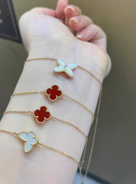 四叶草手链纯银镀18K金小号单花红色玉髓瓢虫蝴蝶三叶草ins轻奢