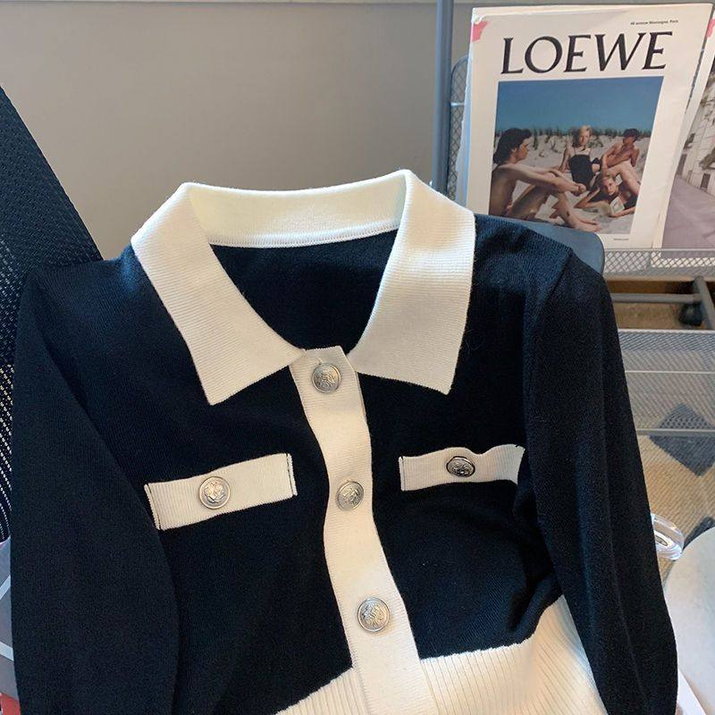 小香风撞色拼接针织衫女秋2025新款时尚高端大码内搭翻领上衣开衫,淘宝优惠券,粉丝福利购,淘宝优惠卷