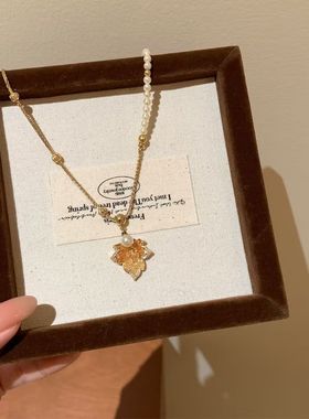 之秋秋冬金色闪钻枫叶项链轻奢气质小众设计感高级毛衣链蝴蝶锁骨