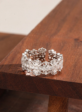 s925纯银法式复古蕾丝镶钻戒指女小众轻奢高级感精致叠戴宽指环