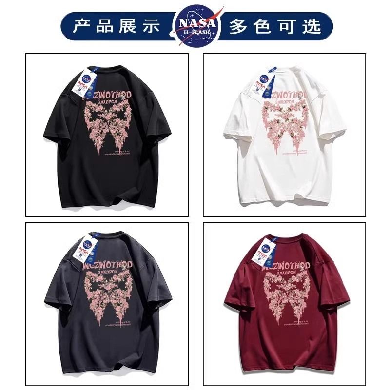 NASA联名蝴蝶结印花纯棉短袖t恤女夏季2024新款潮牌宽松圆领上衣 - 图2