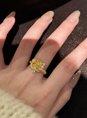 925中古金色灵蛇缠绕玫瑰戒指镶嵌锆石重工高级感轻奢精致食指戒