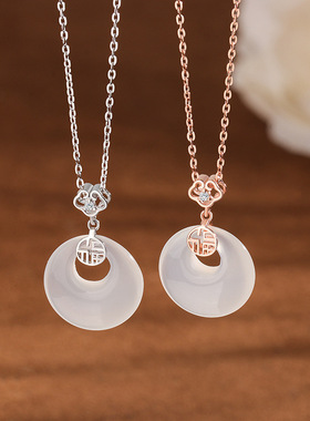 s925纯银和田玉平安扣项链女轻奢风小众吊坠锁骨链福字国潮风个性