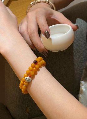 天然黄玉髓本命手链男女情侣通款单圈佛珠链手串蜜蜡纯银招财进宝