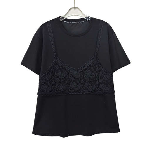 甜觅特大码女装夏装胖mm300斤胖妹妹假两件显瘦蕾丝马甲+短袖T恤 - 图3