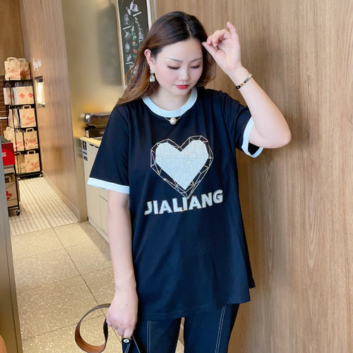 甜觅特大码女装2023夏装胖mm320斤时尚洋气爱心烫钻宽松T恤DF - 图2