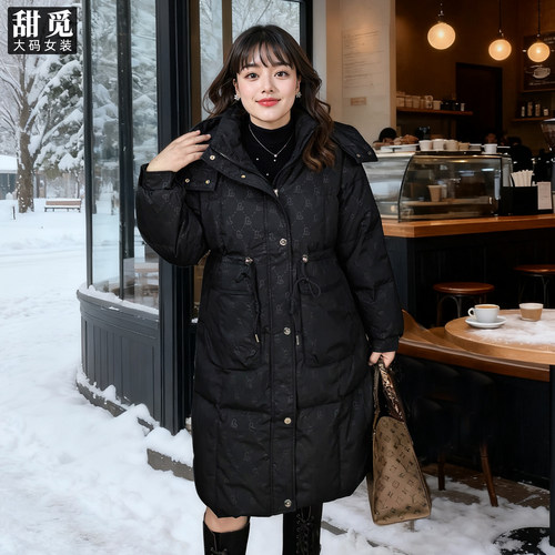 甜觅特大码女装冬装胖mm280斤时尚洋气过膝长款连帽保暖羽绒服 - 图3