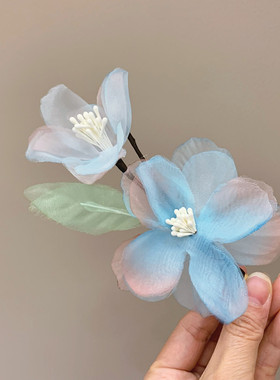 新中式雪纺淡蓝色花朵发夹女超仙时尚发饰古风汉服旗袍配饰