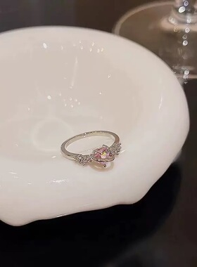 芭比粉钻爱心戒指女小众设计感开口素圈食指戒指女尾戒指环女
