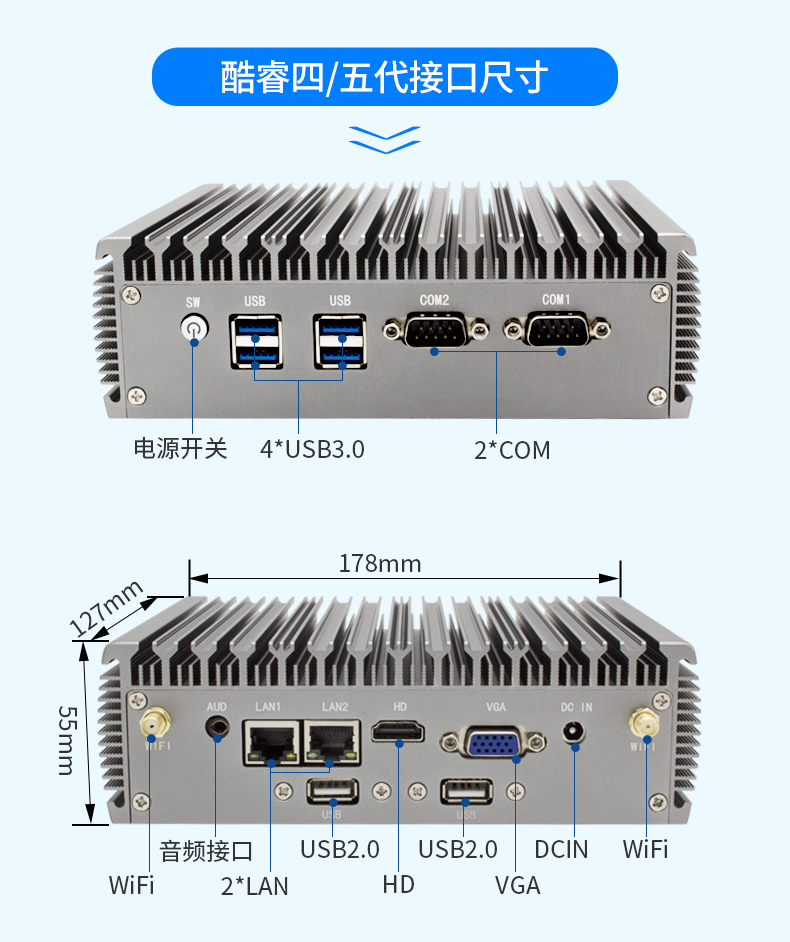 微型工控电脑主机双网双串口酷睿i7 10510U/1165G7全铝无风扇嵌入式工控机J4125/J1900四核低功耗迷你小主机 - 图3