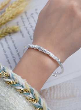 纯银9999手镯女醉花吟花丝牡丹花孔雀推拉足银实心镯子饰品送礼物