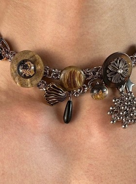 黑金木纹中式朋克项链黄铜做旧