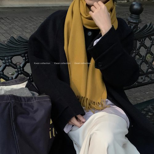 KWAN韩国ins芥末黄纯羊毛围巾女秋冬高级感针织流苏围脖百搭披肩 - 图2
