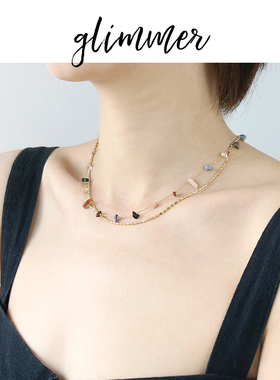 彩色石头双层金色法式项链女