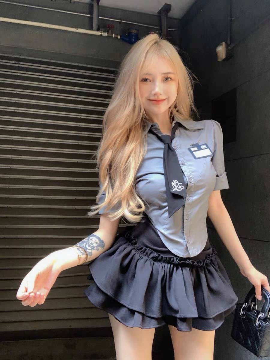 小个子制服套装女学院风美式短袖衬衫上衣纯欲蓬蓬蛋糕短裙两件套 - 图1