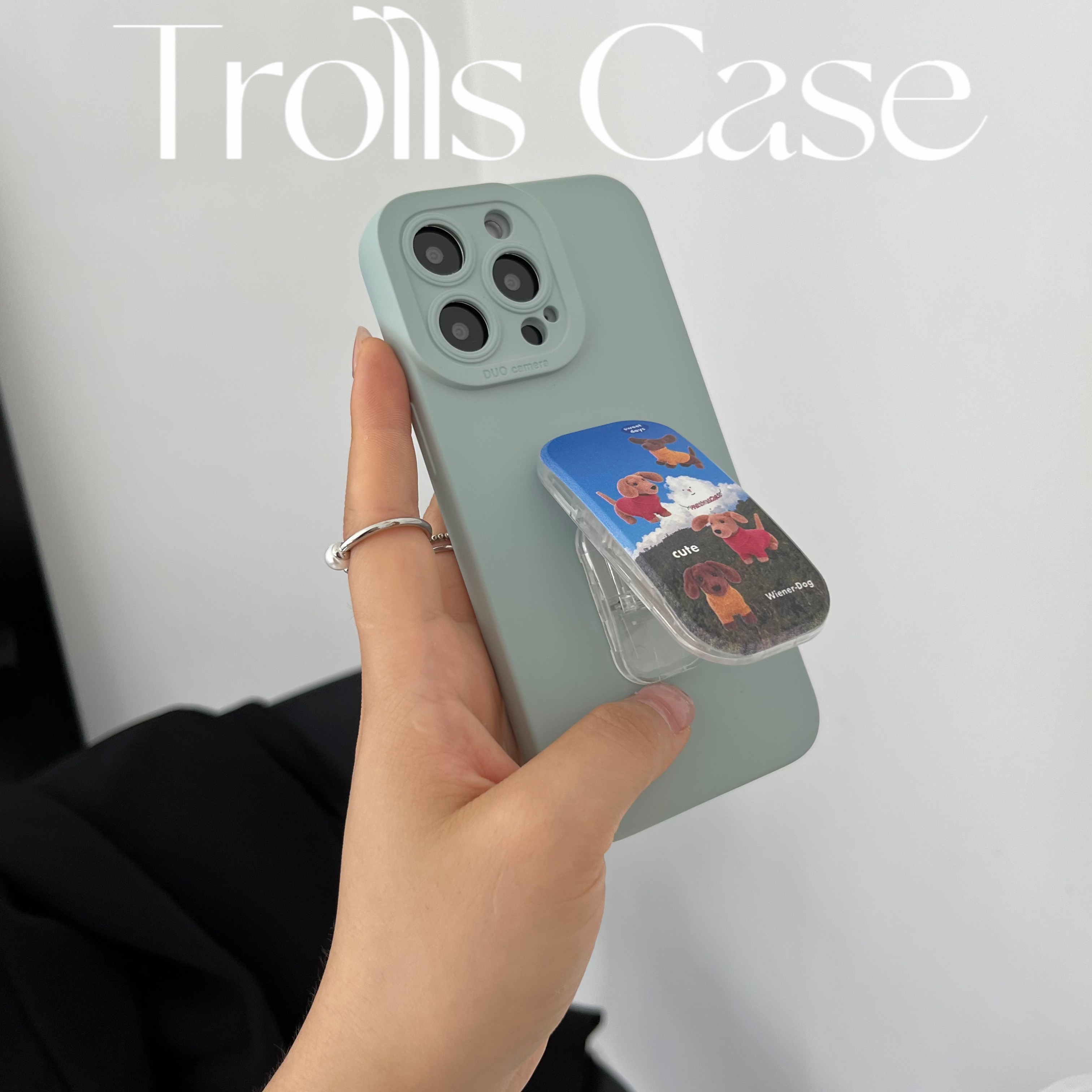 Trolls|小众高级感ins可爱腊肠狗推拉支架手机壳华为mate60pro清新淡奶蓝色防摔软壳nvoa11小米14oppovivoS17 - 图3