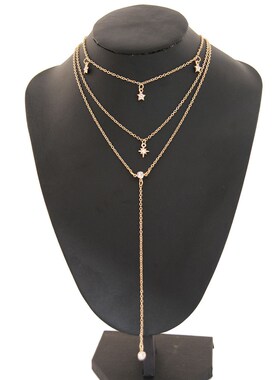 欧美金色多层长款水晶吊坠项链