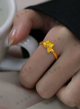 金包银花朵开口戒指女轻奢小众设计黄金荷花指环气质戒指礼物