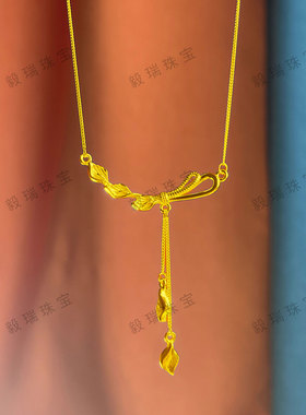 金包银蝴蝶结流苏吊坠项链女气质高级黄金轻奢小叶子锁骨链