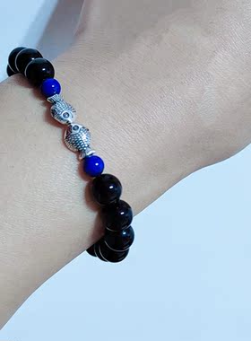 天然黑曜石手链可爱亲嘴鱼925纯银青金石双鱼座情侣款手串