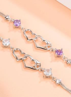 2026韩国版女款 幸福信号双心女镀银手链 欧美饰品 时尚首饰