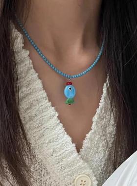2026一只浅蓝色 蓝色串珠项链高颜值小清新显白气质小众设计感锁
